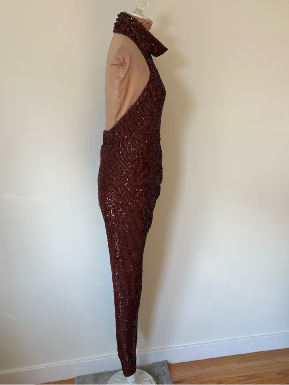 ITMFL Marissa Chocolate Brown Sequin Asymmetrical Mockneck Gown Dress EUC Size S - Picture 8 of 11